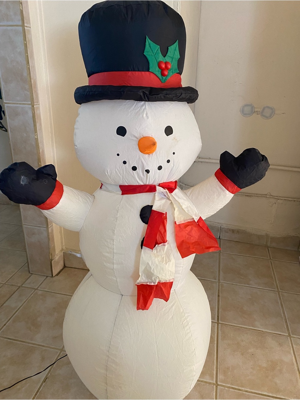 Classic White Inflatable Snowman Holiday Decoration with Black Hat and Red Scarf